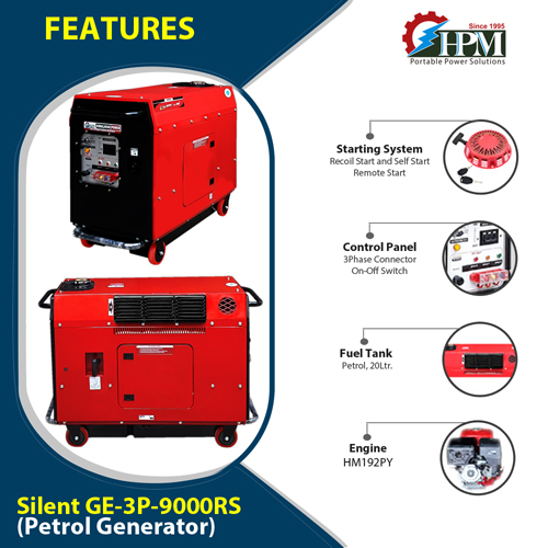 8 KVA Portable Generator- 3 Phase, Petrol Run, Model Silent GE-3P-9000RS, Recoil & Self Start